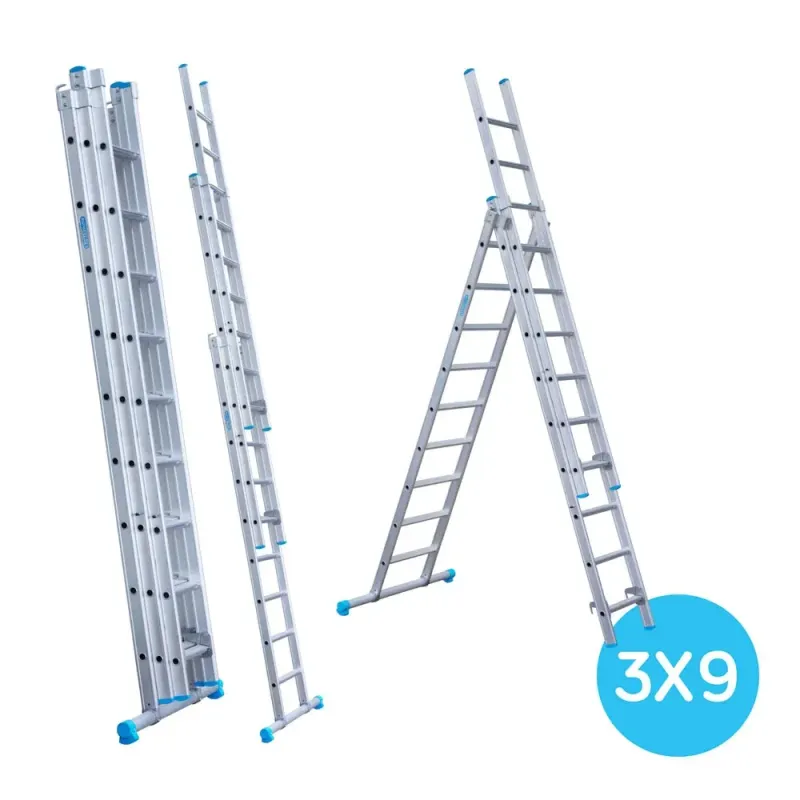 Stabilný trojdielny rebrík Eurostairs (Euroscaffold) 3 x 9 - pracovná výška do 6,5 m
